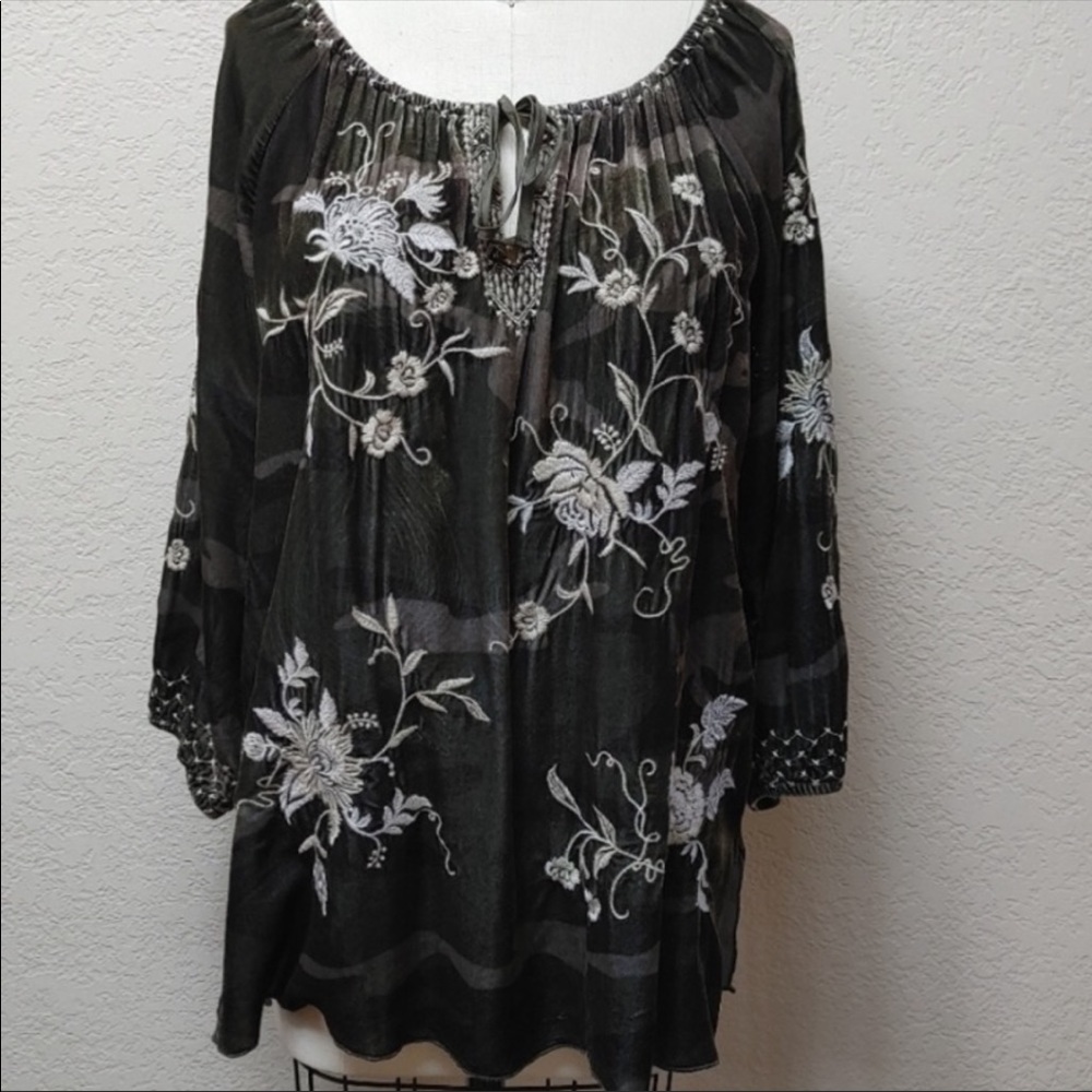 Johnny Was Velvet Camo Embroidered Tunic